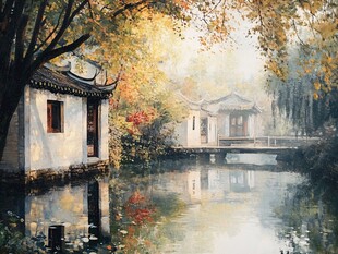 中式建筑风景油画