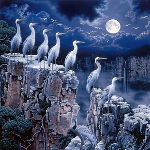 圆形瀑布鹤舞装饰画