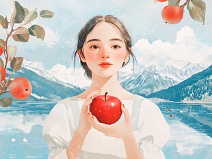 苹果水果插画女孩