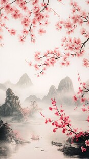 水墨桃花禅意山水