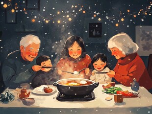 一家人吃年夜饭插画