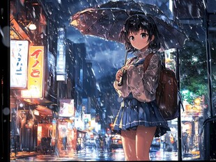 雨中撑伞的少女