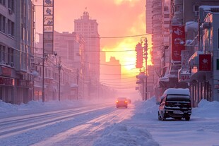 昏黄的雪景街道