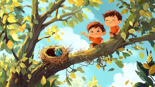 坐在树屋上的男孩插画