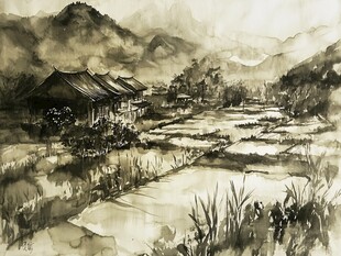 首尔彩绘山水水墨画