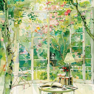 开满鲜花的窗户插画