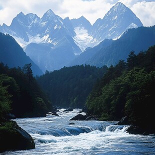 雪山下山谷清溪流水