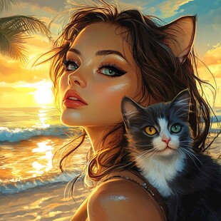 抱猫美女猫插画