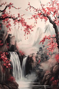 工笔红梅山水画