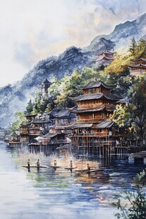 横店水彩水墨山水