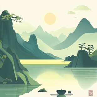 中式山湖插画