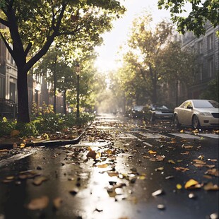 秋雨街道落叶