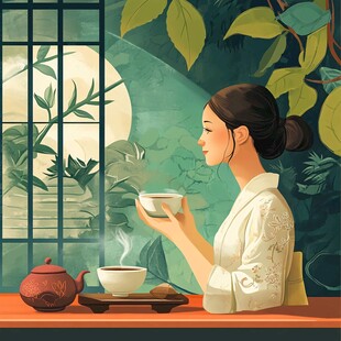 旗袍美人喝茶插画