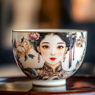 描金人物茶杯