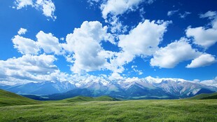 蓝天白云山脉草地背景