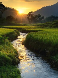 乡间小溪夕阳夕下