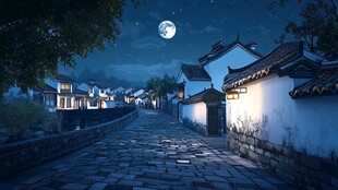 中式建筑水乡小村夜景