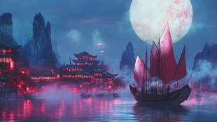 玄幻古镇夜景