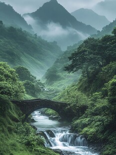 风景小桥瀑布绿树远山