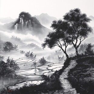 手绘风景画烟雾山水画