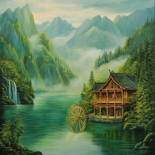 山水画油画手绘风景