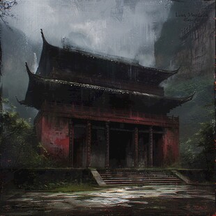 中式古代建筑雨景