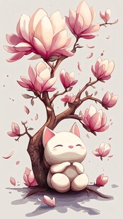 春天猫咪樱花插画壁纸