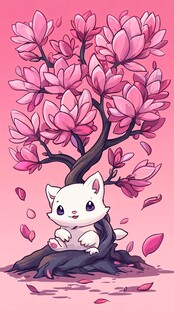 春天猫咪樱花插画壁纸