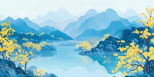 中式山湖插画