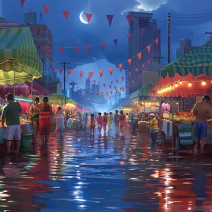 手绘夜市场景