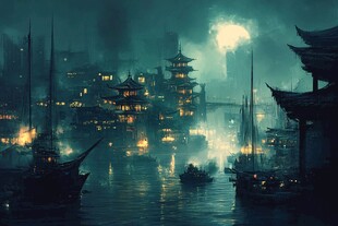 玄幻古镇夜景