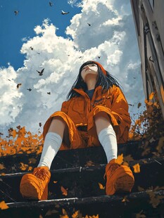 坐在台阶上的女孩