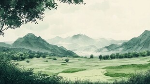 绿色清爽山水画