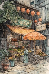 街边小店插画