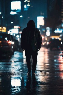 夜晚雨中行走的人