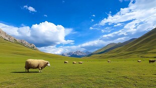 蓝天白云绿草地羊群