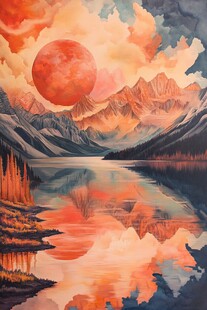 山水夕阳油画