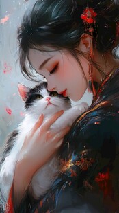 抱猫美女猫插画