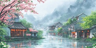 烟雨江南古风山水插画