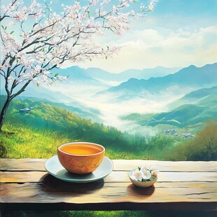 山水画茶树茶杯茶园