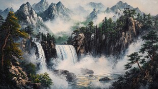 山水风景油画瀑布