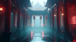 中式古代建筑雨景