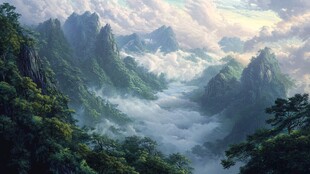 飘渺远山云雾风景画