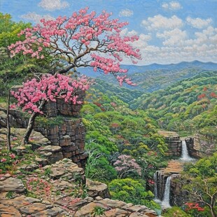 桃花风景油画