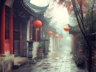 中式古代建筑雨景