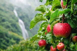 在枝头上淋雨的苹果