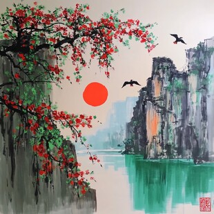 红日东升水墨画