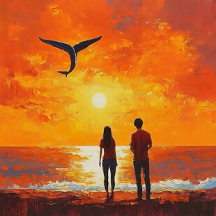 手绘看海的情侣插画