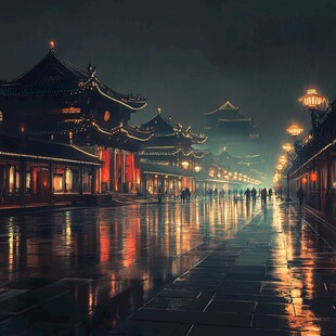 中式古代建筑雨景