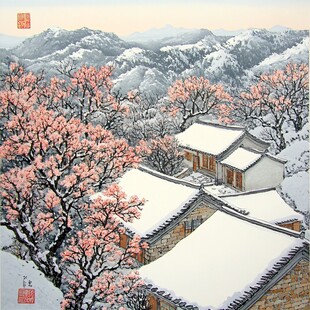 手绘山村雪景图